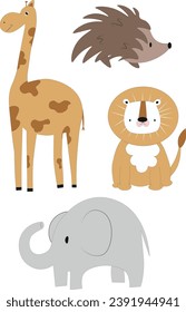 Vector set of cute animals. Lion, Elephant, Hedgehog, Giraffe Children's illustration for stickers, postcards, prints