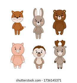 Vector set with cute animals on white background. Fox, rabbit, bear, pig, hedgehog, moose