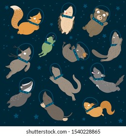 Vector set of cute animals in outer space. Funny flat cosmic forest characters background. Cute illustration of fox, bear, wolf