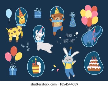 Vector set of cute animals in party hats and spacesuits. Space birthday clipart pack. Funny cosmic holiday forest and tropical characters. Cute illustration of giraffe, elephant, bear flying on balloo