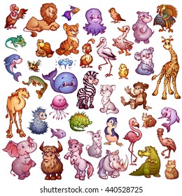 Vector set of cute animals for pets alphabet. Lion, rhino, giraffe and etc.