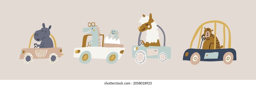 Vector set with cute animals riding the car in colorful flat cartoon style. Doodle animals drivers set. hippo, dino, dinosaur baby, llama alpaca and bear in transport isolated