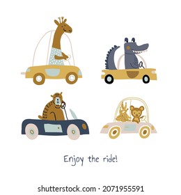 Vector set with cute animals riding the car in colorful flat cartoon style. Doodle animals drivers set. hippo, dino, dinosaur baby, llama alpaca and bear in transport isolated