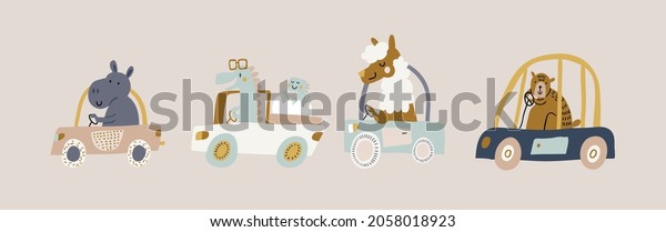 Vector set\
with cute animals riding the car in colorful flat cartoon style.\
Doodle animals drivers set. hippo, dino, dinosaur baby, llama\
alpaca and bear in transport\
isolated