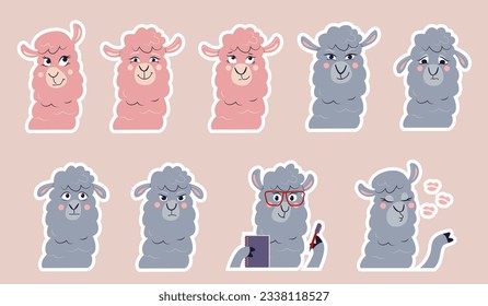 Vector set of cute animals stickers. Funny alpacas head in a different emotion.