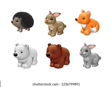 Vector set of cute animals toys. Bear, fox, rabbit, hare, hedgehog