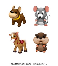 Vector set of cute animals toys. Horse, mouse, dog,