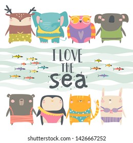 Vector set of cute animals wearing swimsuit on white background