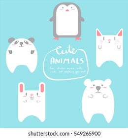 Vector set of cute animals:penguin,panda,polar bear,cat and rabbit.Illustration can be sticky memo, card, notes and sticker.