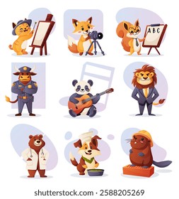 Vector set with cute anthropomorphic animals representing professions such as artist, photographer, teacher, police officer, musician, businessman, doctor, chef, and builder  
