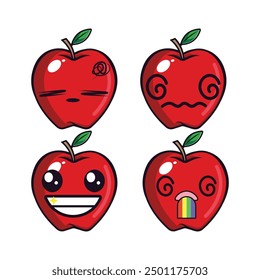 Vector set of cute apple fruit emojis. Isolated on white background. Kawaii cartoon smiling apples.