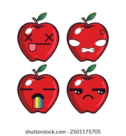 Vector set of cute apple fruit emojis. Isolated on white background. Kawaii cartoon smiling apples.