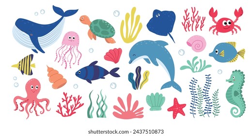 Vector Set of Cute aquatic animals, shells and plants