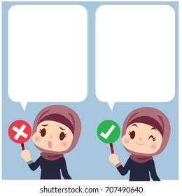 Vector set of cute Arab women with message board, speech bubbles, blank template for your text.