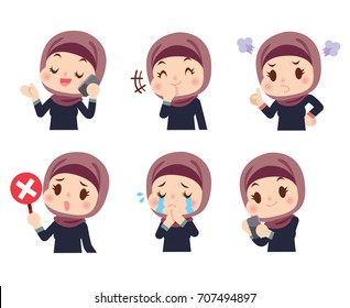 Vector set of cute Arab women character in different actions, emotions, isolated on white background.