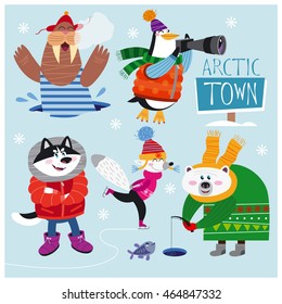 Vector Set of Cute Arctic and Polar Animals: walrus, penguin, husky, arctic fox and polar bear. All objects are isolated groups.