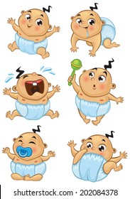 Vector set of a cute asian baby boy in different emotions and situations.