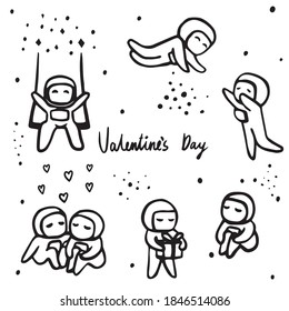 Conjunto vectorial de astronautas lindos. Doodles de astronautas. Amor a los cosmonautas. Día de San Valentín. Dibujo manual