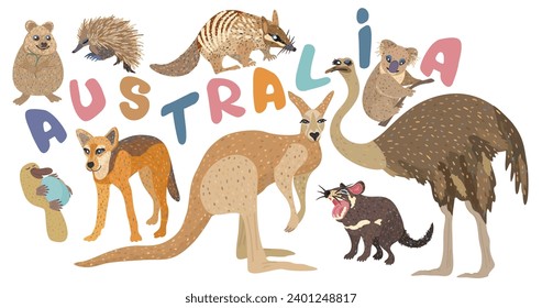 Vector set of cute australian animals with lettering.