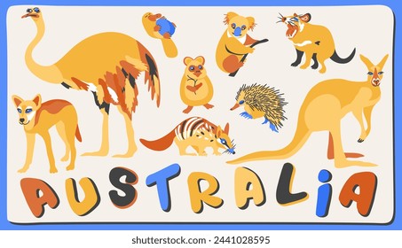 Vector set of cute australian animals with lettering.