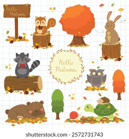 vector set of a cute autumn animal characters and seasonal autumn elements like leaves, acorns, and more. Perfect for fall-themed designs, postcard, poster