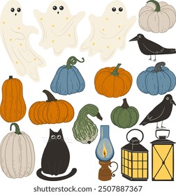 Vector set with cute autumn Halloween illustrations. Fall season elements. Spooky ghosts, cat, ravens, pumpkins, lanterns and leaves.