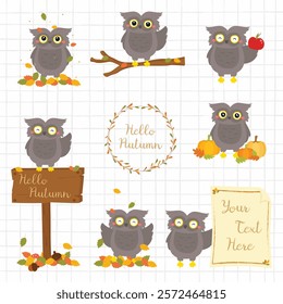 vector set of a cute autumn owl character and seasonal autumn elements like leaves, acorns, and more. Perfect for fall-themed designs, postcard, poster