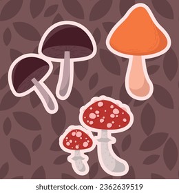 Vector set of cute autumn stickers with mushrooms