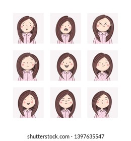 Vector set of cute avatars of girls with images of different female emotions: surprise, fear, anger, sadness,joy, smile, laughter, indifference, kisses. Emoji 