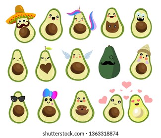 Vector set cute avocado. 
Different emotions mood. Kawaii style. Transparent background