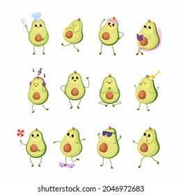 vector set cute avocado in different situation and context. kawaii character.