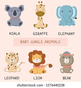 Vector set cute baby animals, koala,giraffe,elephant,leopard,lion,bead