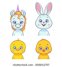 Vector set with cute baby animals. Unicorn, bunny, chick, duck.