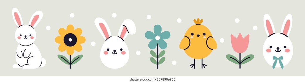 Vector set of cute baby animals. Bunnies and rabbits, chick and flowers. Funny childish springtime clipart collection in flat design. Kawaii animals. Easter objects.