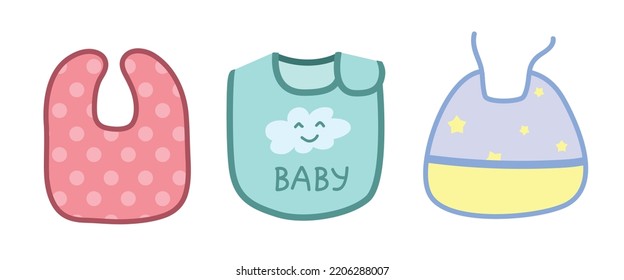 Vector set of cute baby bib clipart. Simple cute bibs for baby feeding flat vector illustration. Baby apron or bib with different pattern designs cartoon style. Kids, baby shower, nursery decoration svg