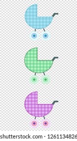 Vector set of cute baby clip art elements for scrapbook or baby shower greeting card and kids design. Cut out fabric or paper plaid stickers of green, blue and pink stroller on transparent background.