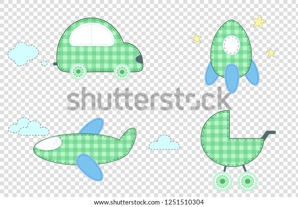 Vector set of cute baby clip art elements for\
scrapbooking or baby shower greeting card and kids design. Cut out\
isolated fabric or paper plaid green stickers as car, rocket,\
stroller, airplane.
