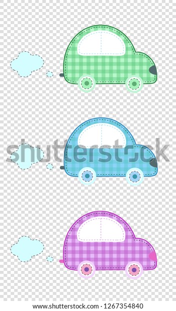 Vector set of cute baby clip art elements for
scrapbook or baby shower greeting card and kids design. Cut out
fabric or paper plaid stickers of green, blue and pink cars on
transparent background.