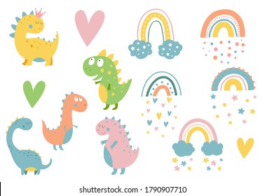Vector set with cute baby dinosaurs and rainbows. Animal kids clipart.Scandinavian background. Little Dinosaur. Isolated  illustration. Clouds and rain. Baby dino. Dinosaur princess with crown.