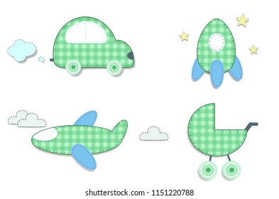 Vector set of cute baby elements for scrapbook or baby shower greeting card and kids design. Cut out fabric or paper checkered green stickers as car, rocket, stroller, airplane isolated on white.