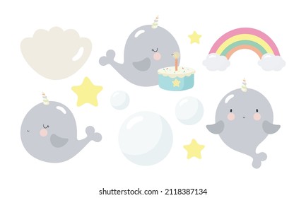 Vector set of cute baby narwhal or whale unicorn characters with cake, bubble, starfishes, rainbow and shells. Good for baby shower invitations, birthday cards, stickers, prints etc.