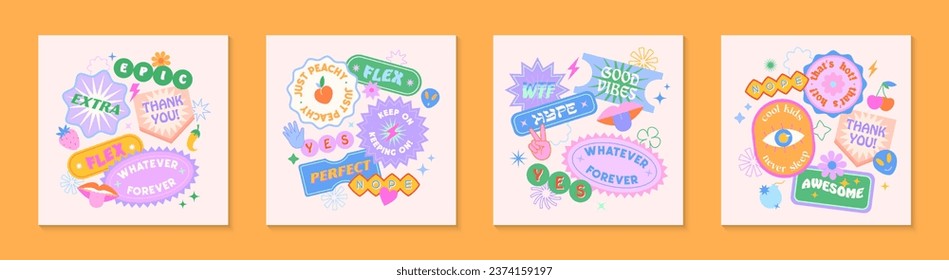 Vector set of cute backgrounds with patches and stickers in 90s style.Modern illustrations in y2k aesthetic with text.Trendy funky designs for banners; smm; branding; packaging; covers