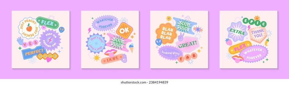 Vector set of cute backgrounds with patches and stickers in 90s style.Modern illustrations in y2k aesthetic with text.Trendy funky designs for banners; smm; branding; packaging; covers