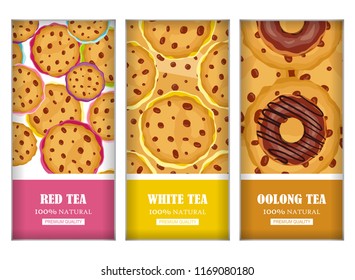 Vector set of cute backgrounds for tea packages, labels or stickers. Set for red, white, oolong tea with place for text. Food and drinks design with flat cookies, chocolate chip with topping