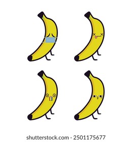 Conjunto de Vector de emojis de fruta de plátano lindo. Aislado sobre fondo blanco.