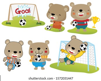 Vector set of cute bear cartoon playing soccer, soccer elements illustration