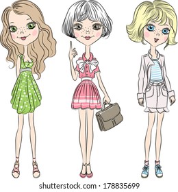 Vector Set cute Beautiful fashion girl in short dress