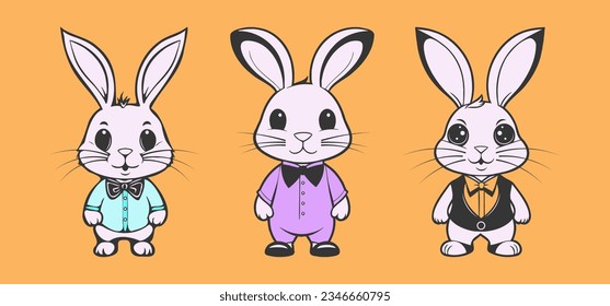 Conjunto vectorial de lindos y hermosos conejitos rosados de Pascua con ropa y corbata de arco. Conejos de dibujos animados. Fondo naranja.