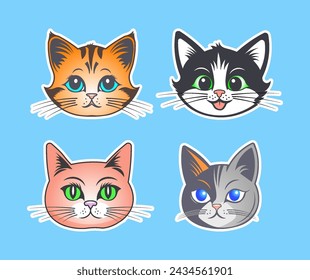 Vector set of cute beautiful pet stickers. Cartoon mustachioed cat heads. Collection of funny feline portraits.