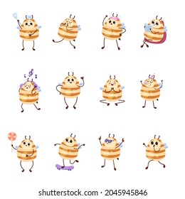 Vector set cute bee in different situation and context. kawaii character  emoji